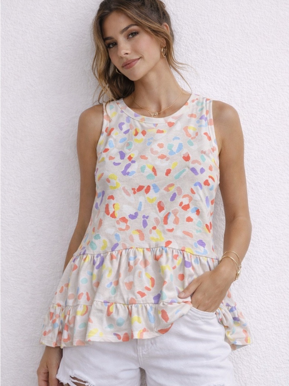 First Love by Lovelyn Women’s Peplum Tank Top Small Colorful‎ Leopard Print